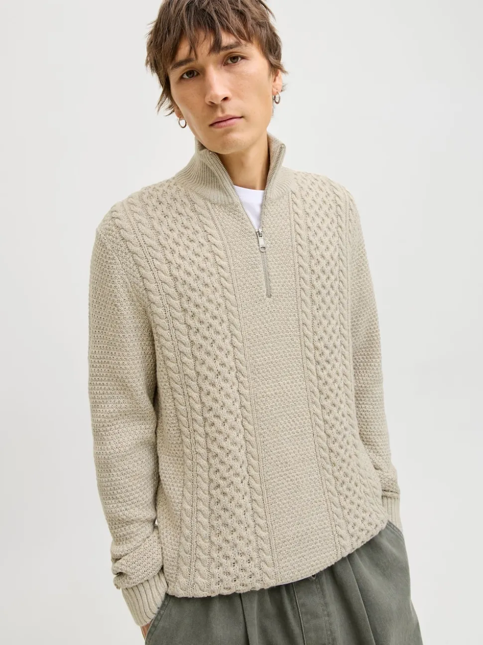 JACK & JONES White Cable Knit Half Zip Jumper