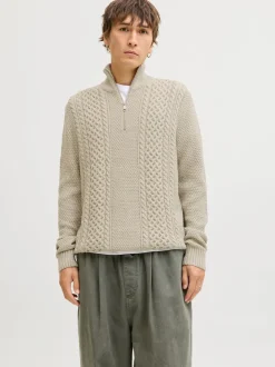JACK & JONES White Cable Knit Half Zip Jumper