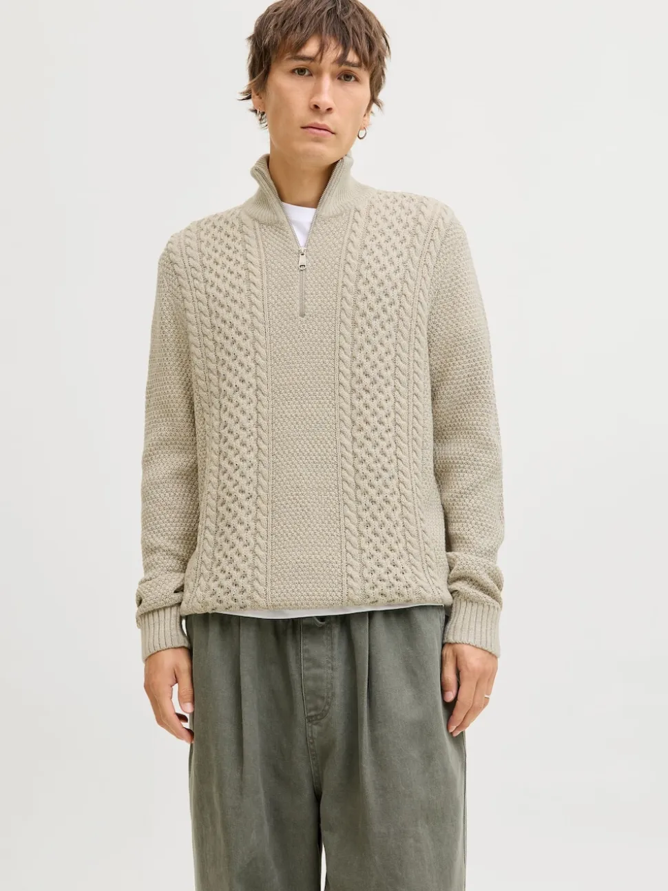 JACK & JONES White Cable Knit Half Zip Jumper