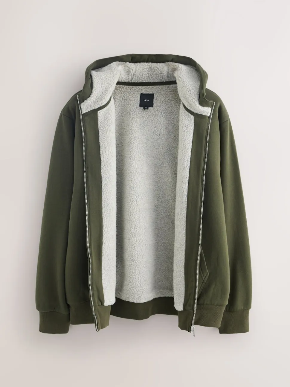 Khaki Green Borg Fleece Lined Full Zip Hoodie
