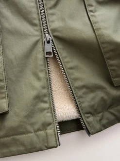 Khaki Green Borg Lined Shower Resistant Harrington Jacket