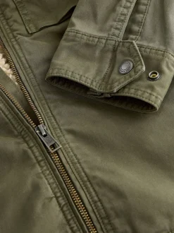 Khaki Green Borg Lined Zip Through Funnel Jacket