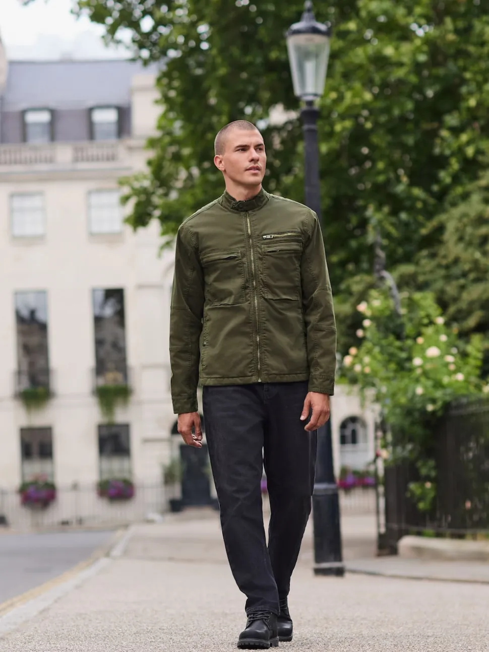 Khaki Green Borg Lined Zip Through Funnel Jacket