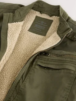 Khaki Green Borg Lined Zip Through Funnel Jacket