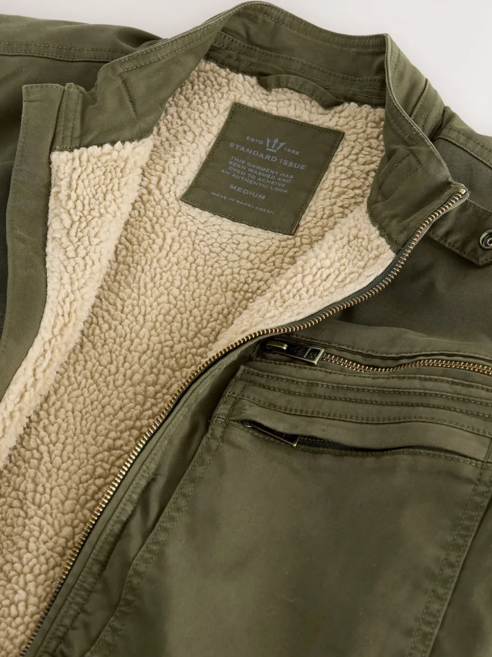 Khaki Green Borg Lined Zip Through Funnel Jacket