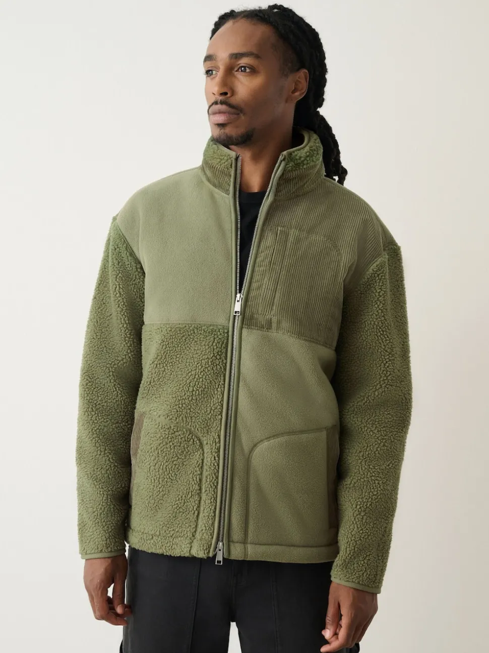 Khaki Green Cord Block Zip Through Funnel Fleece