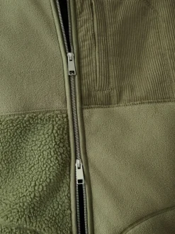 Khaki Green Cord Block Zip Through Funnel Fleece