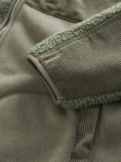Khaki Green Cord Block Zip Through Funnel Fleece
