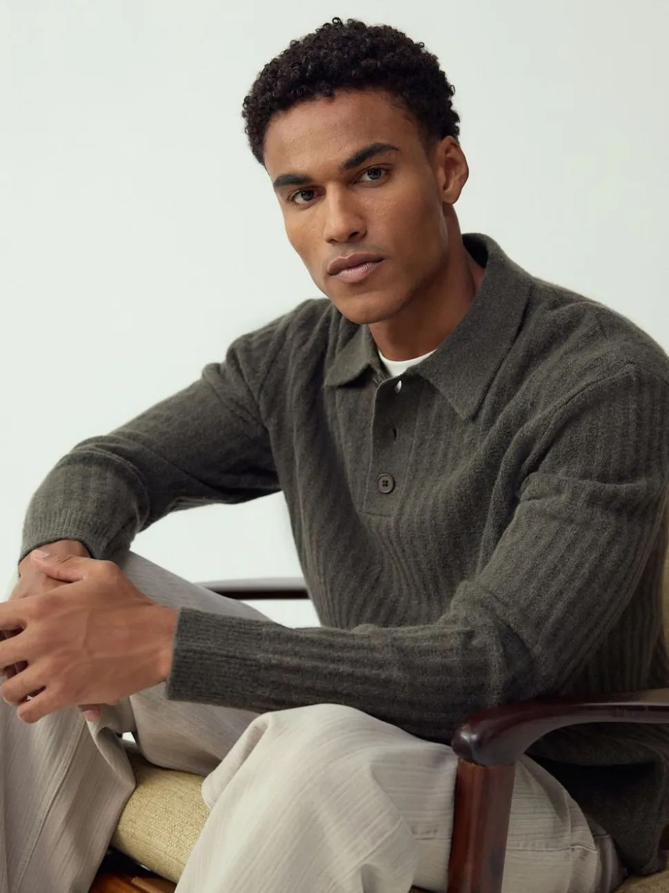 Khaki Green Cosy Rib Knit Long Sleeve Polo Shirt with Wool
