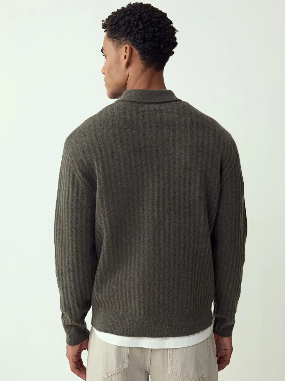 Khaki Green Cosy Rib Knit Long Sleeve Polo Shirt with Wool