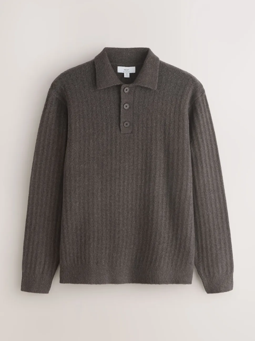 Khaki Green Cosy Rib Knit Long Sleeve Polo Shirt with Wool