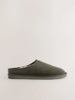 Khaki Green Faux Fur Lined Signature Suede Mule Slippers