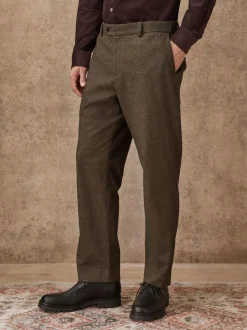 Khaki Green Herringbone Regular Fit Smart Brushed Cotton Trousers