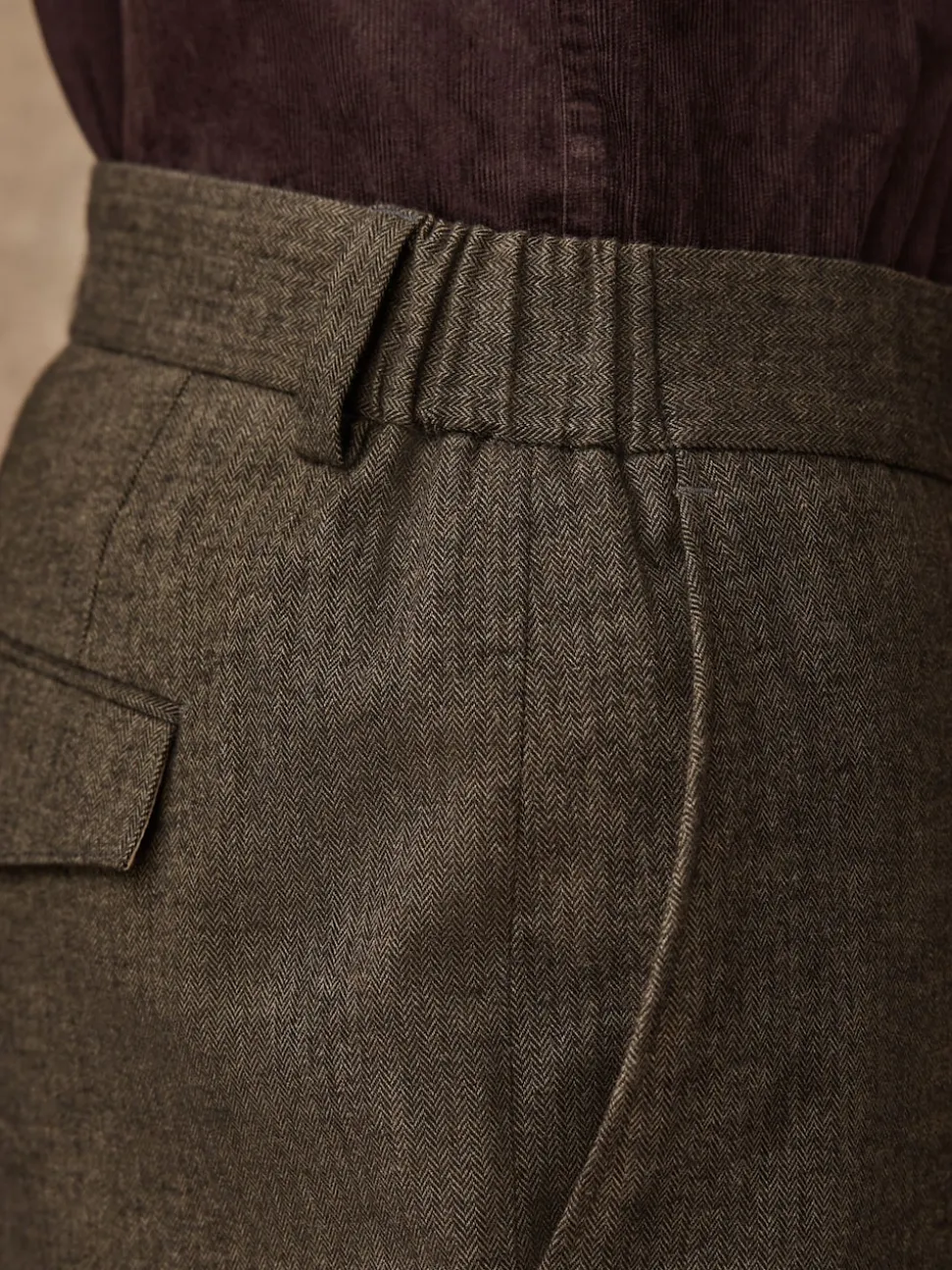 Khaki Green Herringbone Regular Fit Smart Brushed Cotton Trousers
