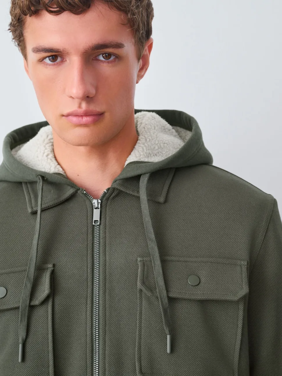 Khaki Green Hooded Borg Fleece Lined Shacket
