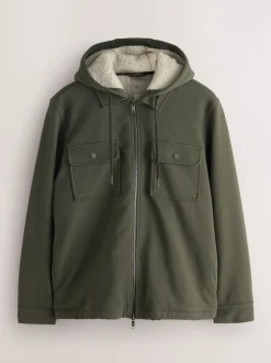 Khaki Green Hooded Borg Fleece Lined Shacket