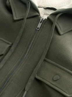 Khaki Green Hooded Borg Fleece Lined Shacket
