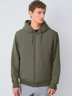 Khaki Green Hooded Hybrid Full Zip Jacket