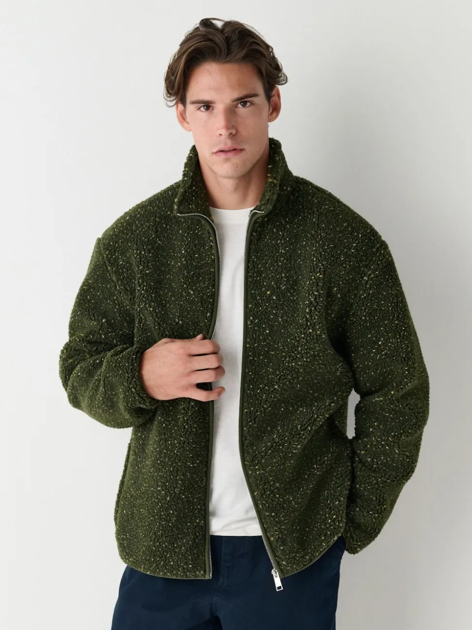 Khaki Green Nep Zip Through Funnel Borg Fleece