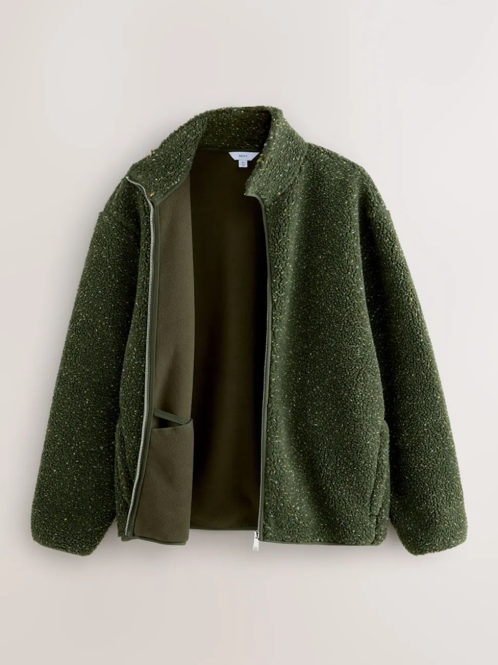 Khaki Green Nep Zip Through Funnel Borg Fleece