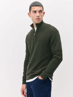 Khaki Green Plain N.Premium Regular Fit Cotton Rich Textured Premium Quarter Zip Jumper