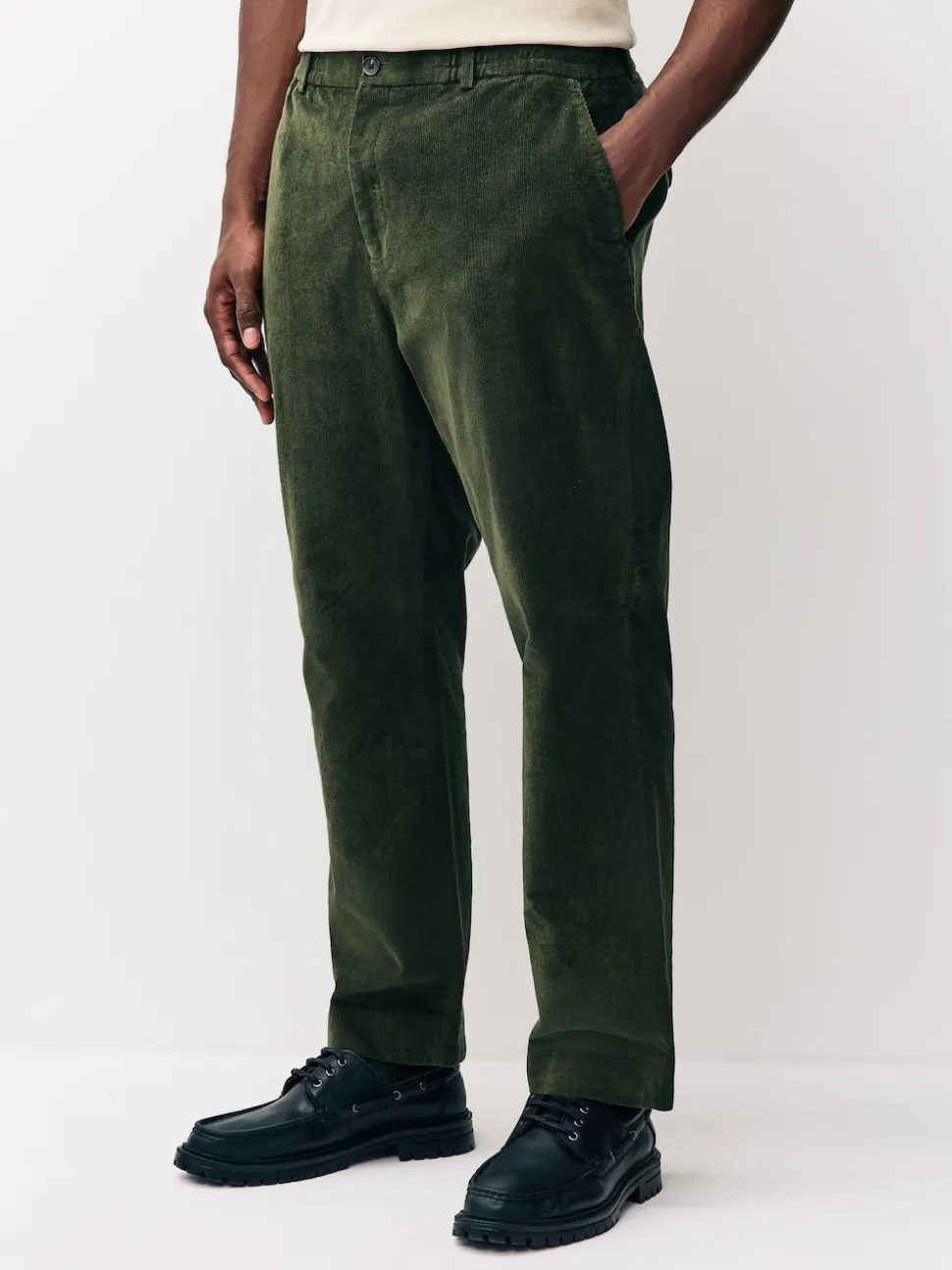 Khaki Green Regular Fit Smart Cotton Rich Corduroy Elasticated Waistband Trousers