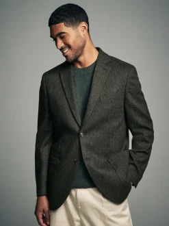 Khaki Green Regular Fit Wool Rich Herringbone Blazer