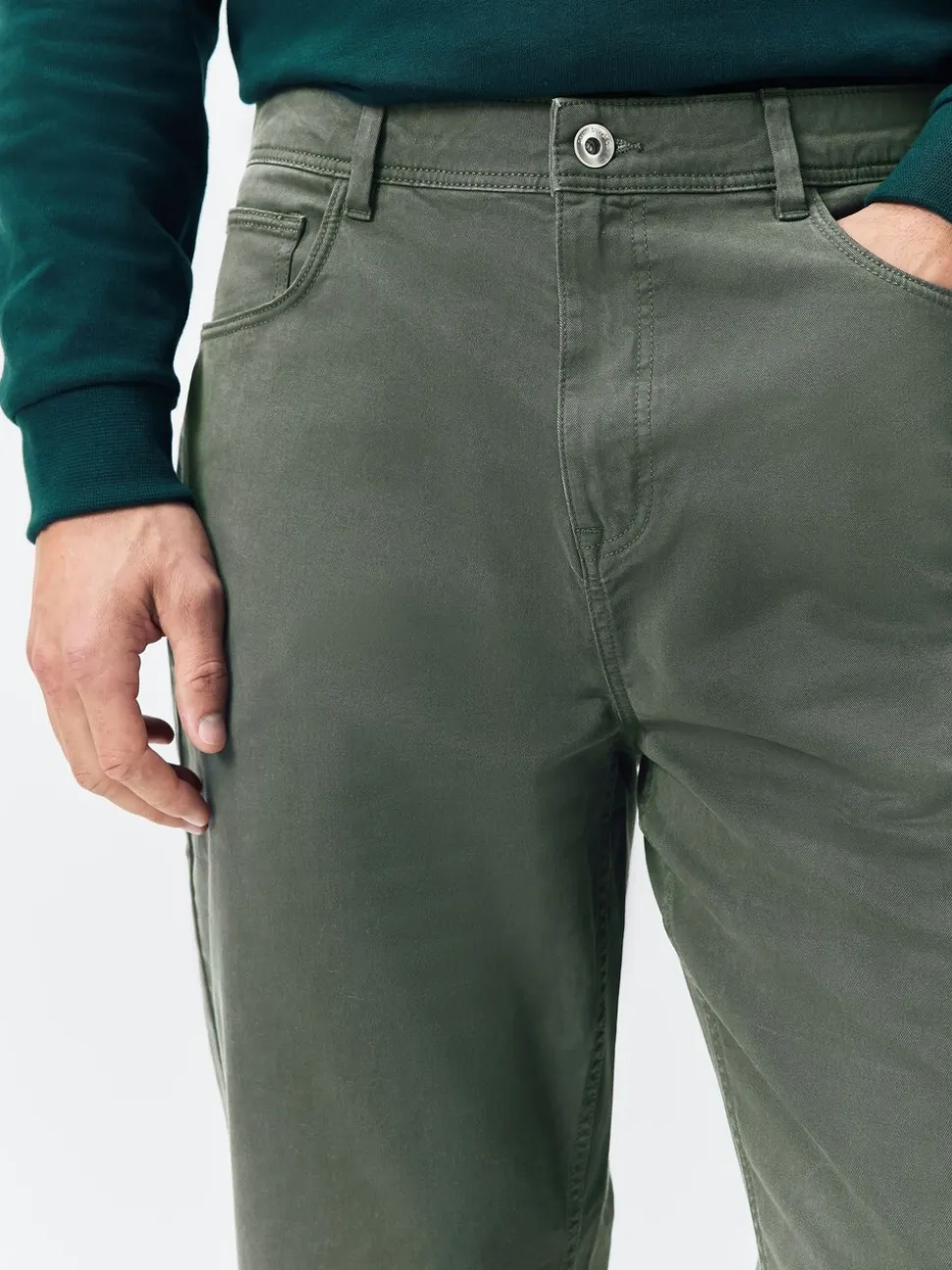 Khaki Green Regular Tapered Fit 5 Pocket Soft Touch Trousers