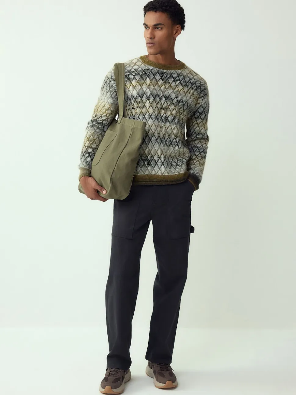 Khaki Green Relaxed Fit Ombre Diamond Pattern Texture Crew Neck Jumper with Wool