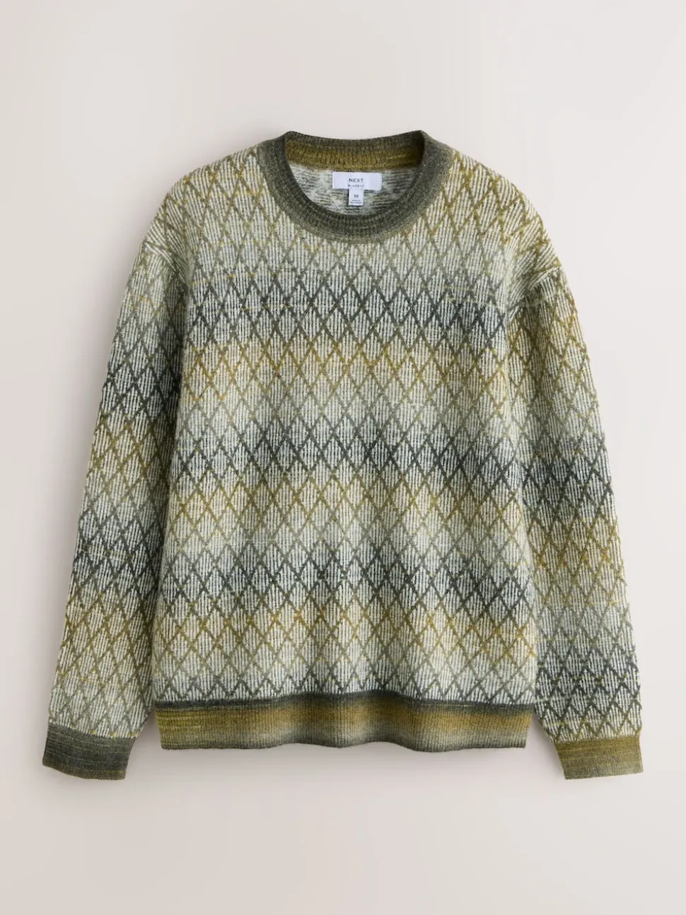 Khaki Green Relaxed Fit Ombre Diamond Pattern Texture Crew Neck Jumper with Wool