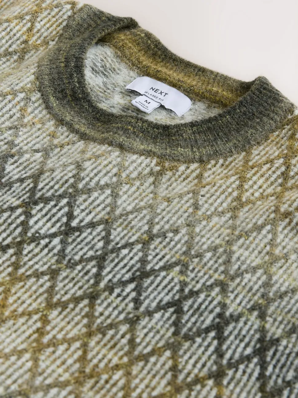 Khaki Green Relaxed Fit Ombre Diamond Pattern Texture Crew Neck Jumper with Wool
