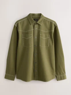 Khaki Green Twin Pocket Western Style Long Sleeve Shirt