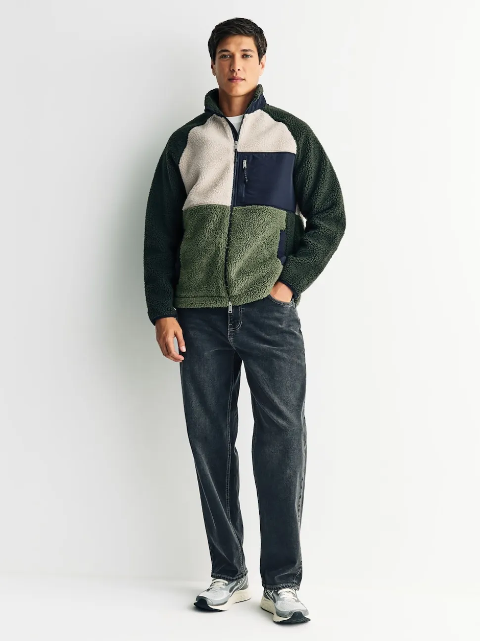 Khaki Green/Ecru Neutral Colourblock Zip Through Funnel Fleece