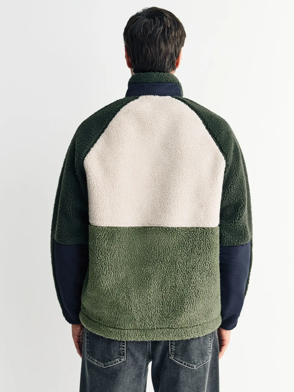 Khaki Green/Ecru Neutral Colourblock Zip Through Funnel Fleece