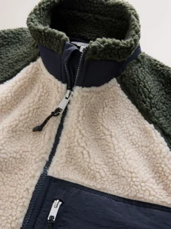 Khaki Green/Ecru Neutral Colourblock Zip Through Funnel Fleece