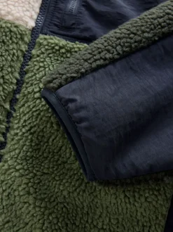 Khaki Green/Ecru Neutral Colourblock Zip Through Funnel Fleece