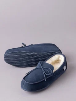 Lakeland Leather Navy Blue Mens Sheepskin Moccasin Slippers