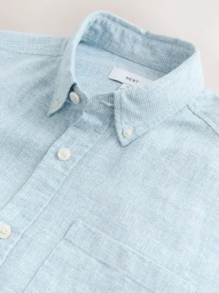 Light Blue Standard Collar Cotton Linen Blend Long Sleeve Shirt