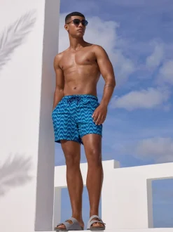 Light Blue Wave Printed Swim Shorts