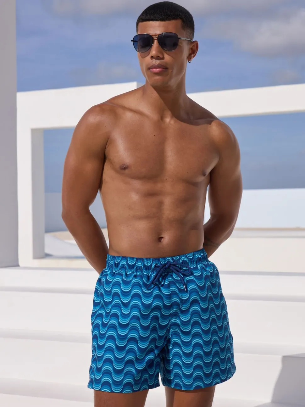 Light Blue Wave Printed Swim Shorts
