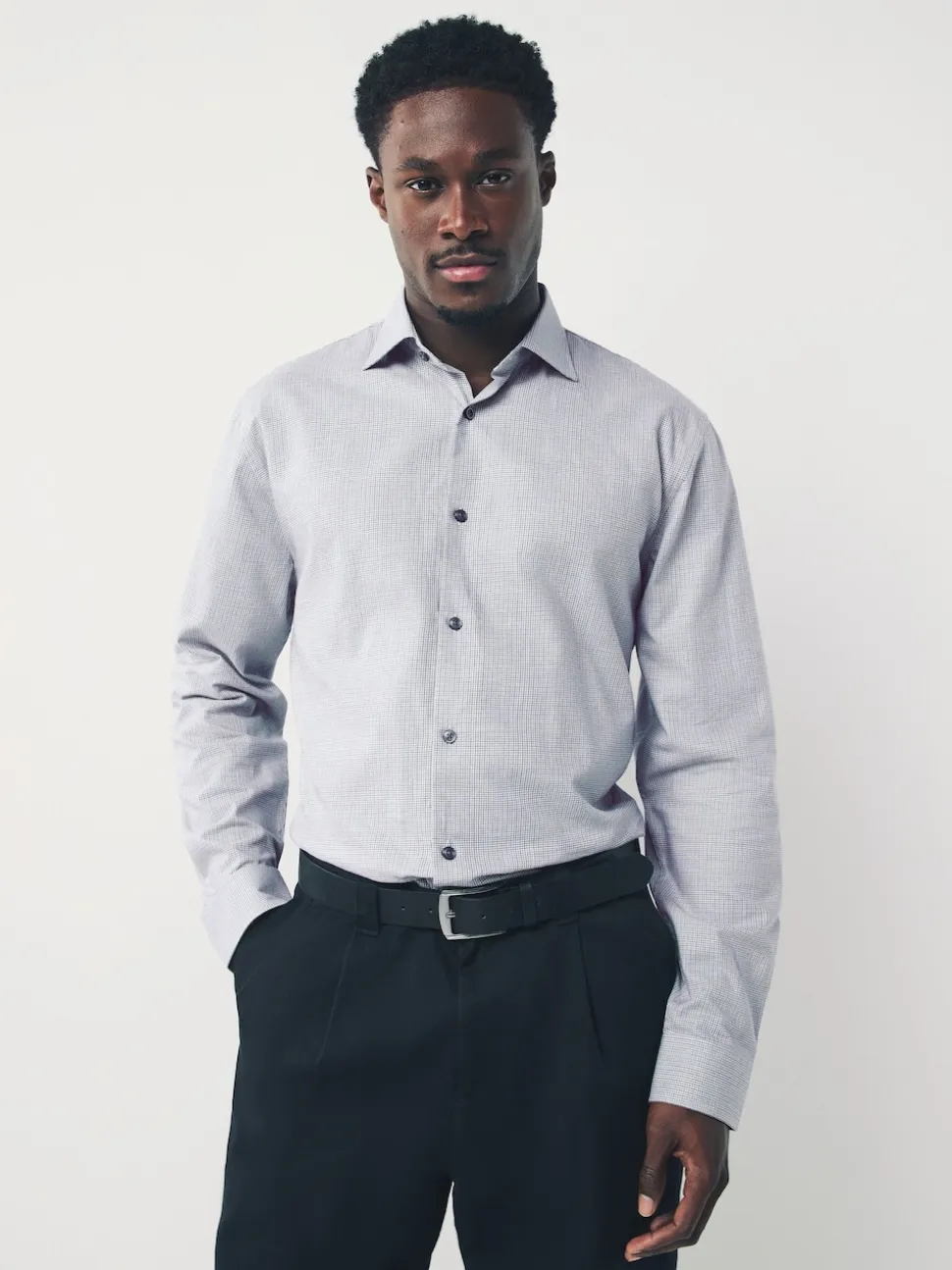 Light Grey Regular Fit Check Soft Touch 100% Cotton Smart Long Sleeve Shirt