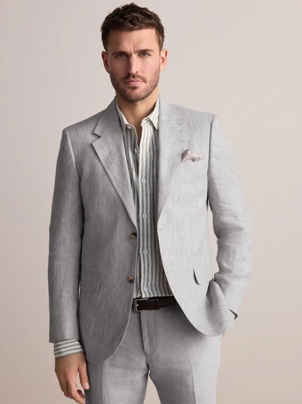 Light Grey Slim Fit Leomaster Italian 100% Linen Suit Jacket