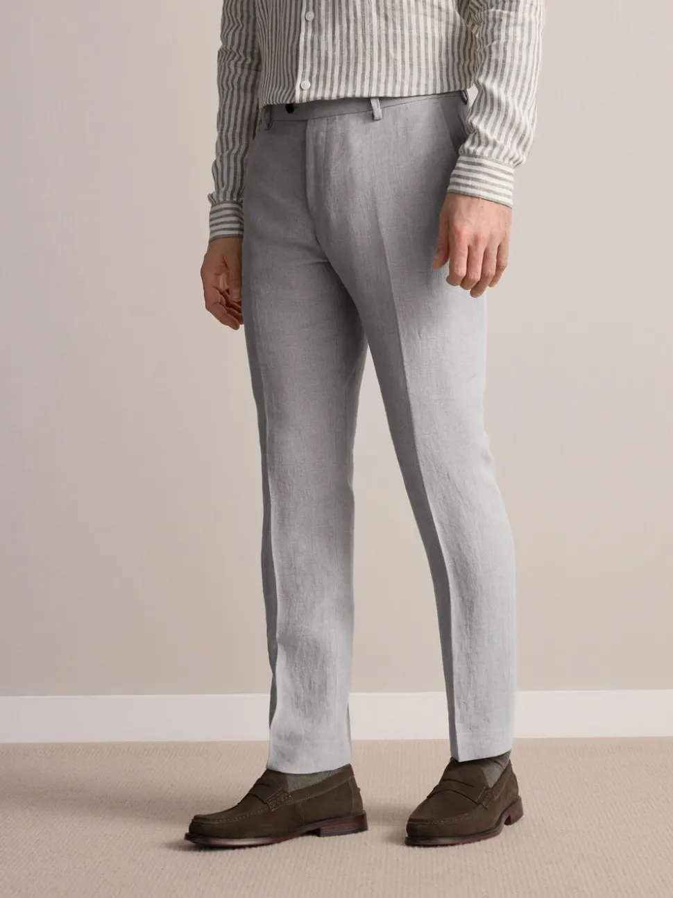 Light Grey Slim Fit Signature Leomaster Italian 100% Linen Fabric Suit Trousers