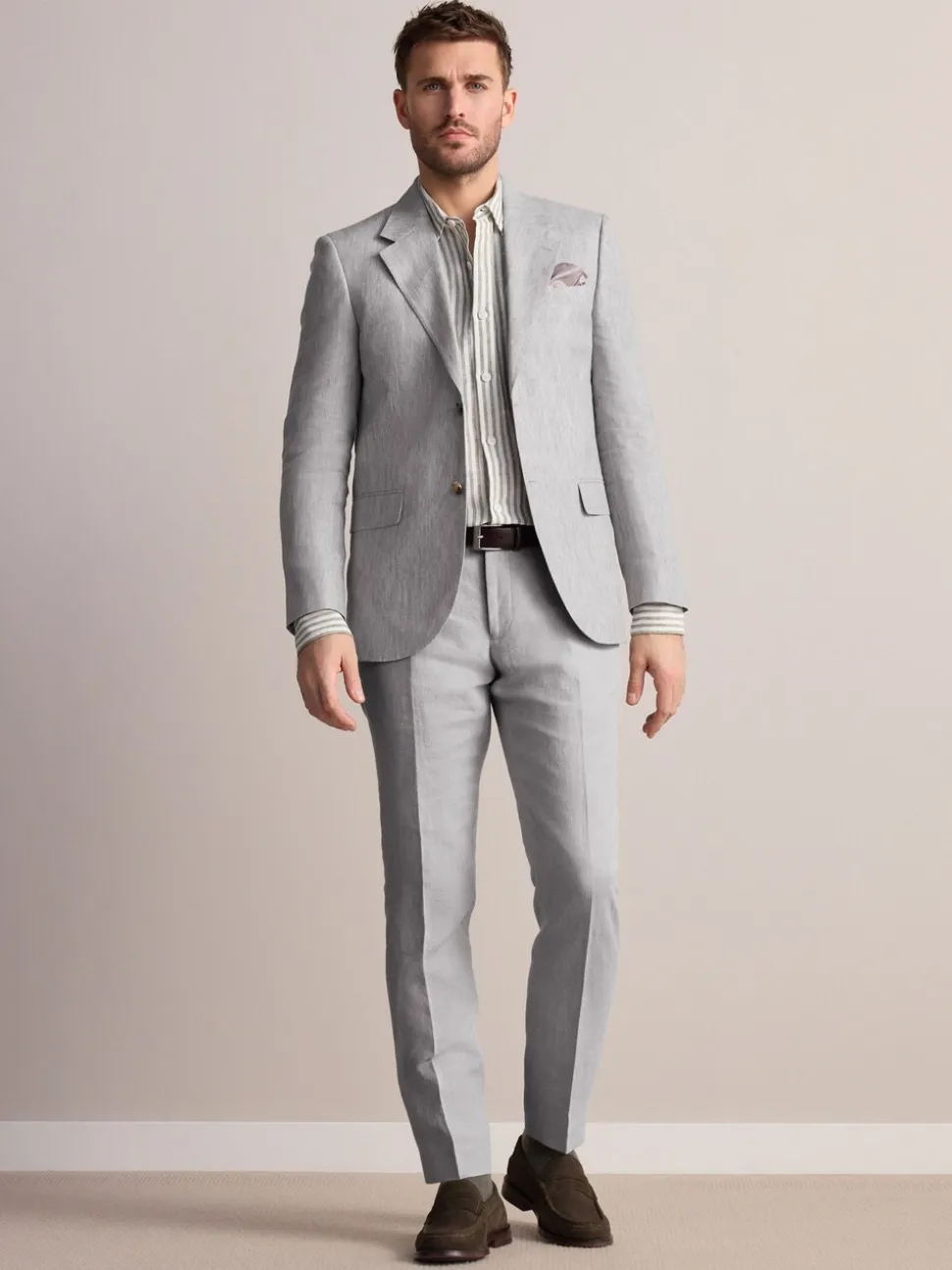 Light Grey Slim Fit Signature Leomaster Italian 100% Linen Fabric Suit Trousers