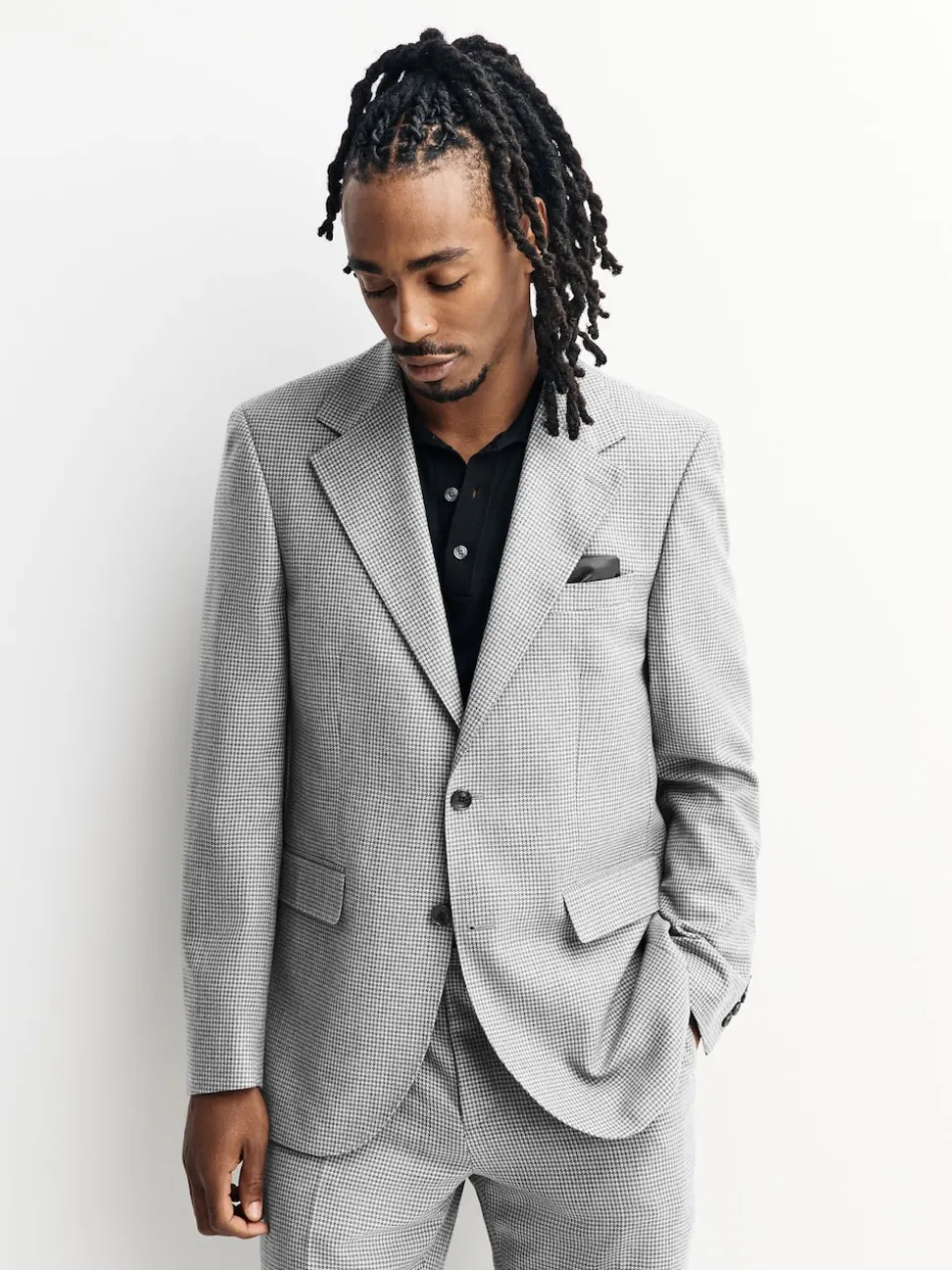 Light Grey Tailored Fit Wool Blend Puppytooth Suit Jacket