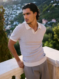 MAUVAIS Blue Giordini Tipped Birdseye Knit Polo Shirt