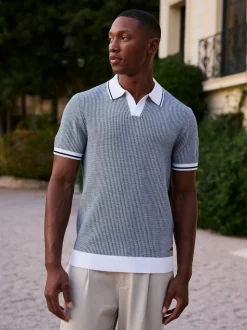 MAUVAIS Blue Giordini Tipped Birdseye Knit Polo Shirt