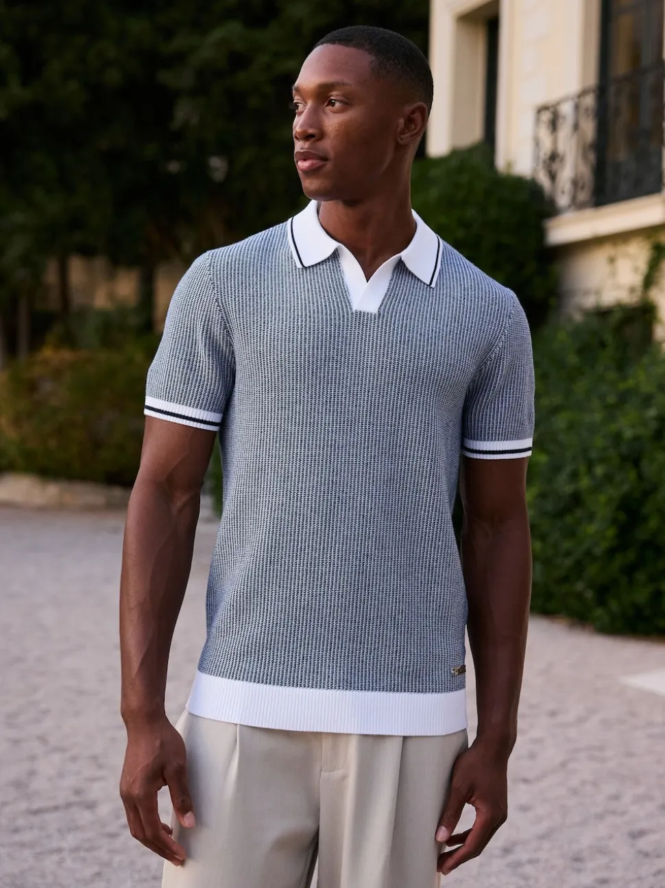 MAUVAIS Blue Giordini Tipped Birdseye Knit Polo Shirt