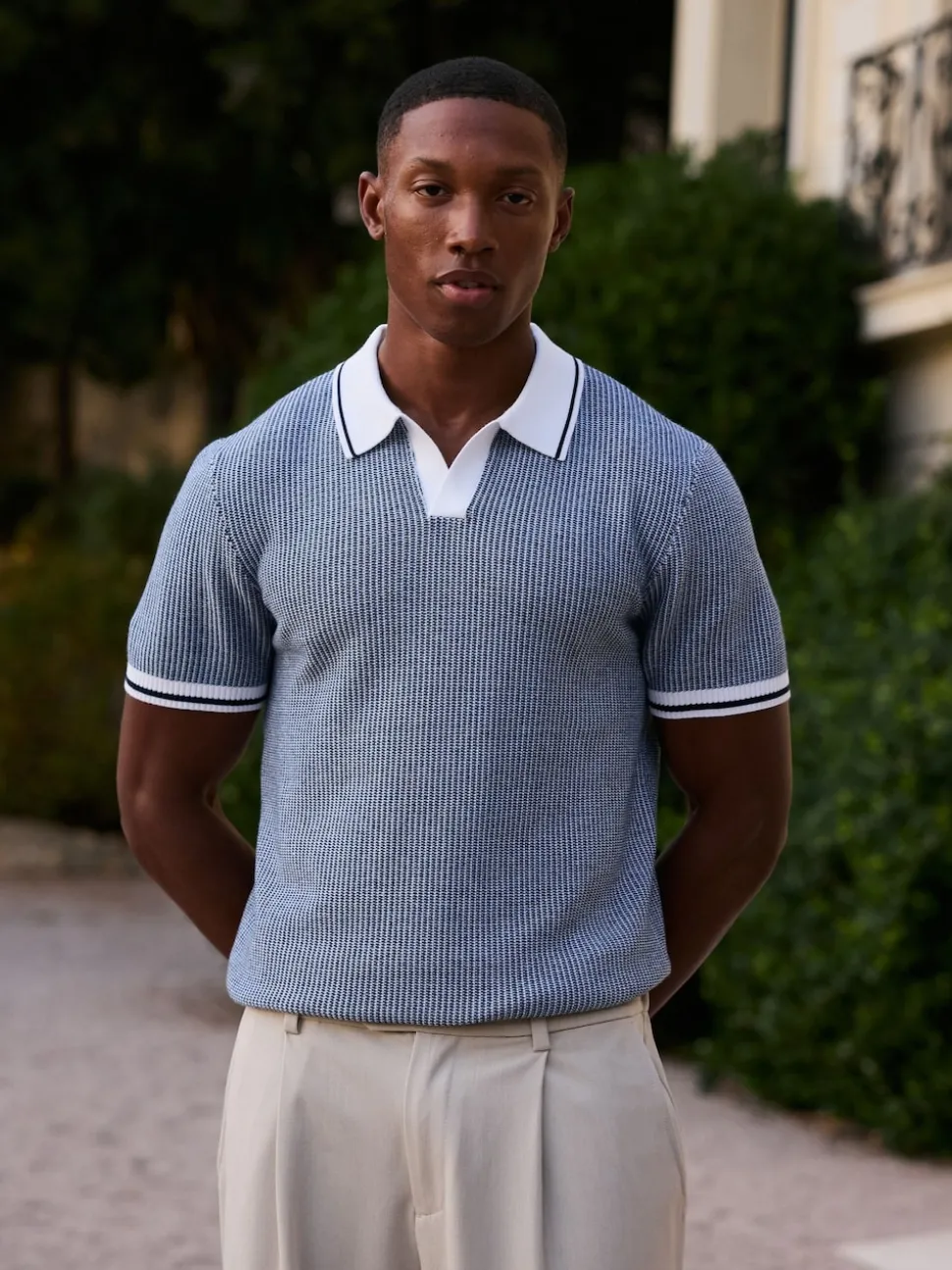 MAUVAIS Blue Giordini Tipped Birdseye Knit Polo Shirt