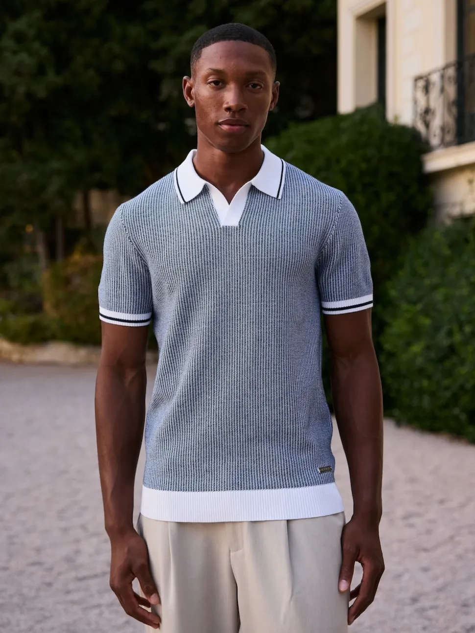 MAUVAIS Blue Giordini Tipped Birdseye Knit Polo Shirt